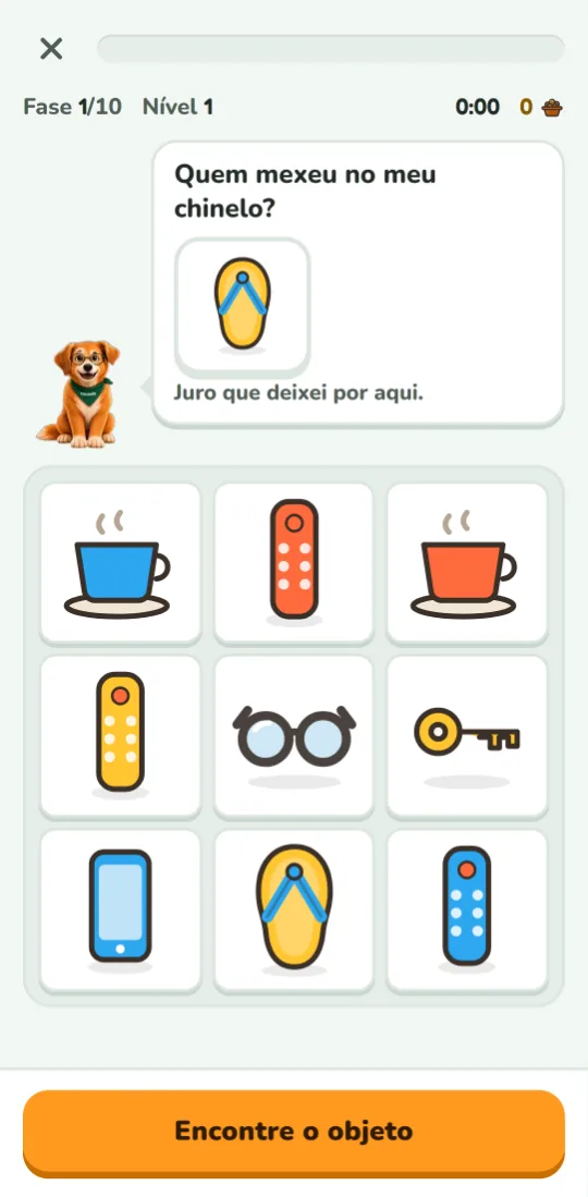 Jogo de achar o objeto no Cucarelo, com mensagem de acerto e botão continuar