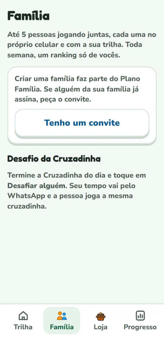 Tela da família no Cucarelo, com ranking da semana e desafio da cruzadinha