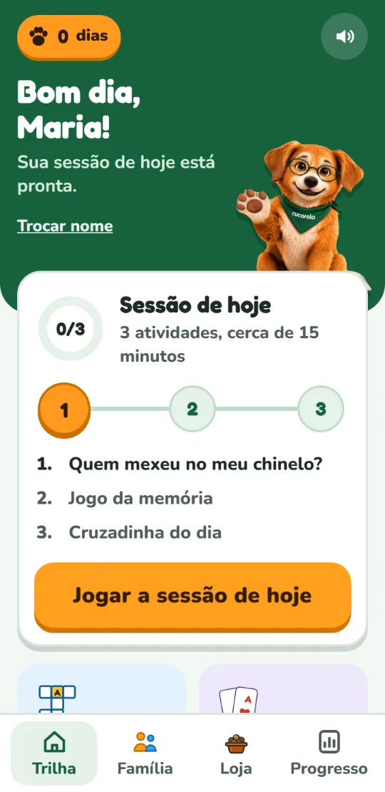 Tela inicial do Cucarelo mostrando a sessão de hoje, com três atividades