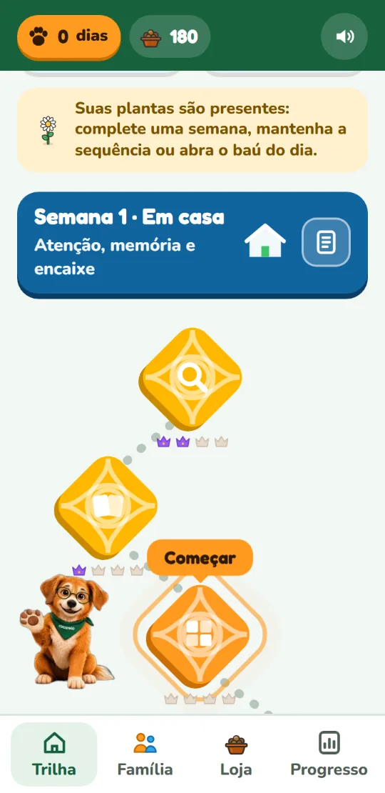 Trilha do Cucarelo com jogos, coroas e o mascote caminhando